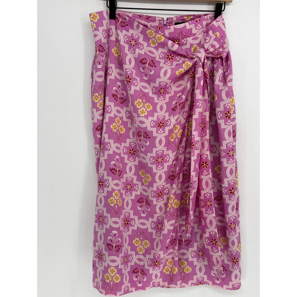 Ann Taylor Faux Wrap Midi Skirt Womens 12 Pink Floral Geometric Lined Workwear